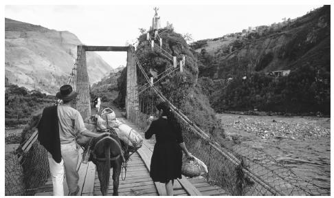 A farmer, his wife, and their donkey cross a wooden footbridge to the market at Puente de Calamate, Colombia.