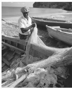A fisherman untangles his net from his boat on the beach at Carr's Bay.