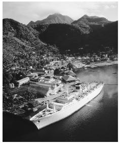 A cruise ship moored at Pago Pago. Visitors to American Samoa help  boost the local economy.