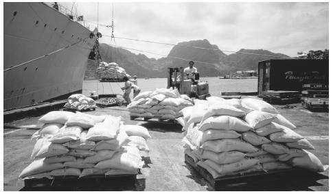 Imported rice is unloaded in Pago Pago. American Samoa imports  many goods, including food, fuel, and building materials.