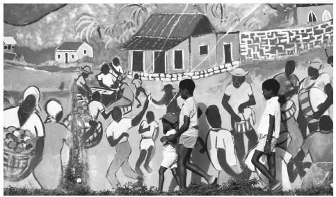 Children walk past a mural in Boscobel, St. Peter Parish. Murals are a common art form for the many artists in Barbados.