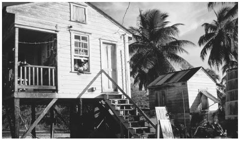 A house on stilts in Placencia. Hurricane damage has led to more use of ferro-concrete in post-1960s dwellings.
