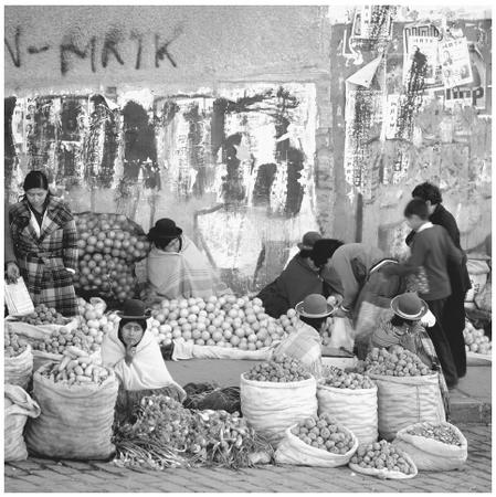 Women sell fruit and vegetables at a street market in La Paz. Women play an important role in the marketing of crops, which are equally harvested by men and women.