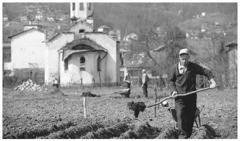 Men work in a field in Maglaj, during the Yugoslavian Civil War. Most food must be imported because farming does not meet subsistence needs.