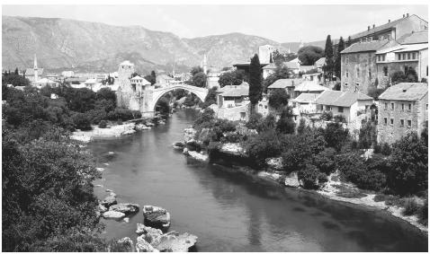 A scenic view of Mostar. The Bosna river, which flows through the country, is part of the country name.
