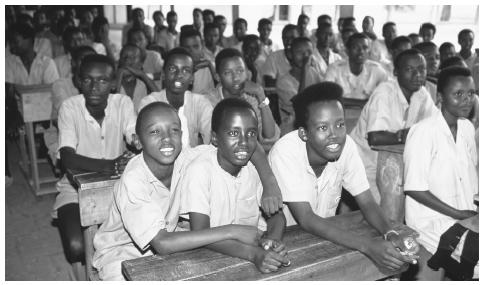 Tutsi schoolboys in a class in Bujumbura. Lack of supplies, teachers, and overall political instability have led to low school attendance figures, which average only 50 percent.