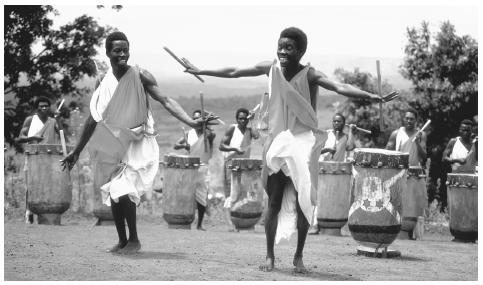 Gitaga drummers perform a folk dance. Dance is an essential part of Burundian culture that has received international recognition.