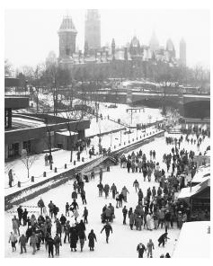 Skaters on the frozen Rideau Canal celebrate the Winterlude, a festival held annually in Canada.