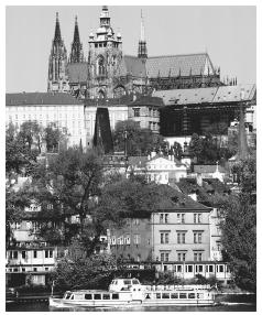 Buildings line the Vltava River in Prague, Czech Republic.