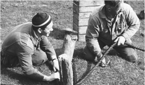Two men check the rope of a grip used to collect seabird eggs in Faroe Islands. Outdoor work has traditionally been allotted to men.