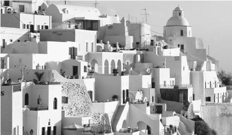 Houses in Santorini, Greece. Much Greek housing has traditionally been small and owner-built, and a high value is placed on home ownership.