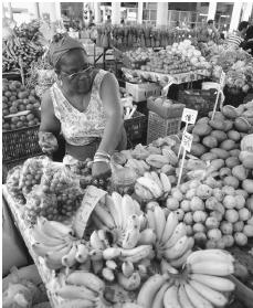 A produce vendor working at a large fruit stand in Basse-Terre. Bananas are a major crop for Guadeloupe.