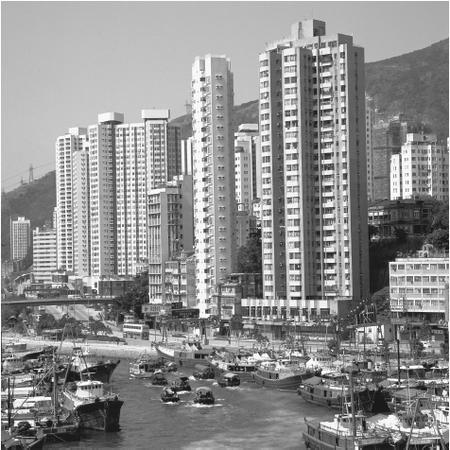 Skyscrapers along Aberdeen Harbour accommodate the high population  density.
