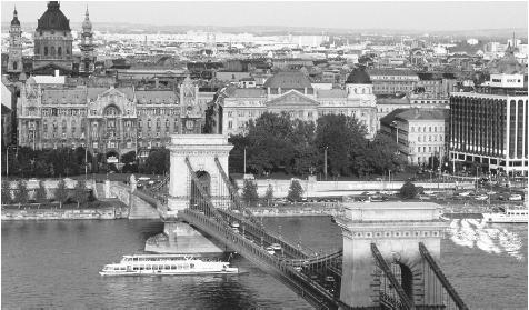 The towns of Buda and Pest (shown in 1995), on opposite sides of the Danube River, joined to become Budapest in 1873.