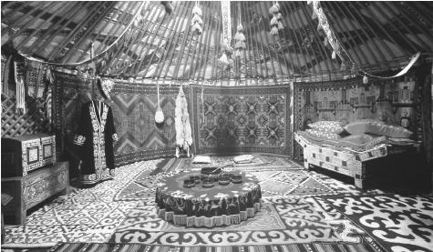 Interior of a yurt, a mobile dwelling used by nomadic Kazakhs.