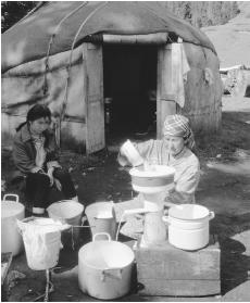 Woman making sour cream in Kjety Oguz, Kyrgyzstan.