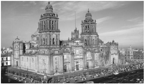 The National Cathedral in Mexico City, which sits upon the ancient  city of Tenochtitlan. The dominant religion in Mexico is Roman  Catholicism.
