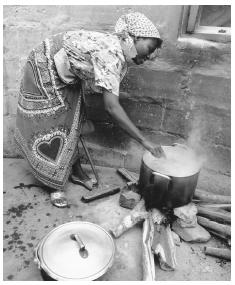 A woman cooks over an open-air fire in Mozambique. Women often face obstacles when seeking nontraditional employment.
