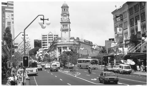 A view of Queen Street, the main thoroughfare of Auckland, the  largest city, with a population approaching one million.