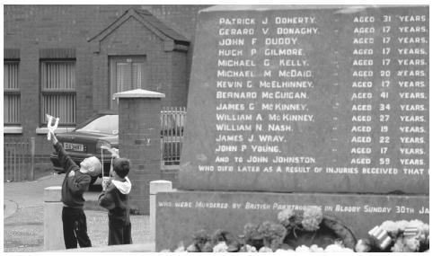 A memorial to fourteen unarmed marchers who were shot by British paramilitary troops during a civil rights march in Derry on Sunday 30 January 1972. Since 1974, the United Kingdom has ruled Northern Ireland directly.