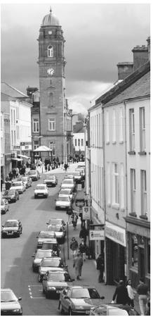 Main street of Enniskillen. Families tend to live together in nuclear units in government housing projects.