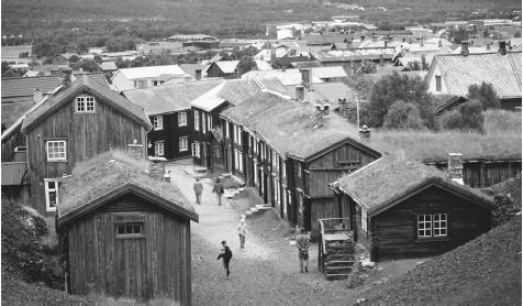 Sod roofs of old houses in Roros, a mining town founded in 1646.