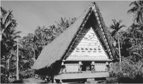 Palm trees surround a traditional men's house. The bai gable is an important cultural symbol.