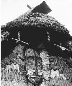 A decorative wood carving on a village hut in Kaminabit Village, near the Sepik River.
