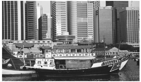 Boats and buildings in Inner Harbor. High-rises are a striking feature of Singapore's landscape.