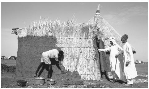 A Rasheida resident employs a worker to mud-plaster his house. These mud structures are common in the northern region of the Sudan.