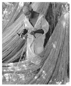 A Tanzanian fisherman mends his net in Nungwi, Zanzibar, Tanzania. Dried or fried fish is a staple food.