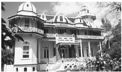 Iron lacing decorates a colonial style mansion in Port of Spain, Trinidad and Tobago.
