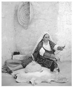 Women's responsibilities can include spinning and weaving wool.