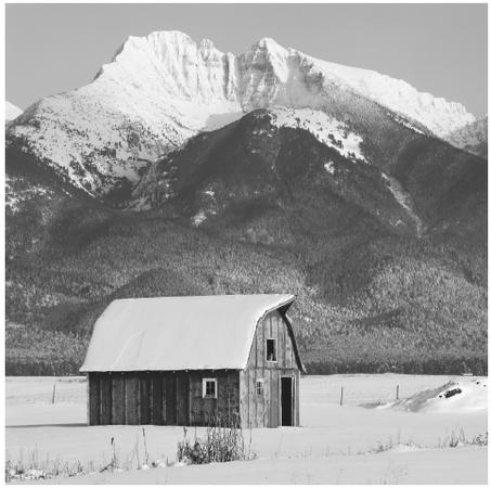 A snow-capped mountain rises above an old barn in the Mission Range Valley, Montana. The landscape of the U.S. is extremely diverse and often spectacular.