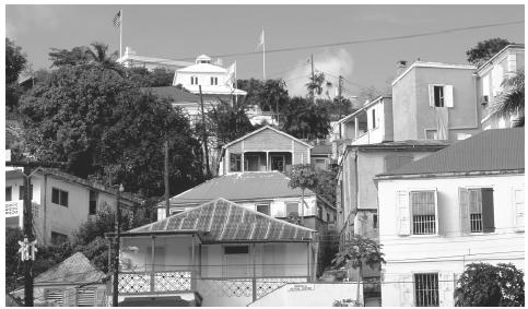 The colonial style architecture of Charlotte Amalie, Saint Thomas.  European and African cultures have influenced local architecture.