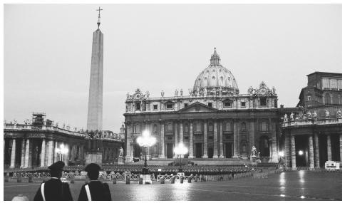 The Piazza San Pietro at night. The Piazza is the site of public masses and worldwide papal addresses.
