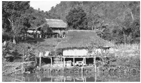 Nhà mái tranh truyền thống trên các cọc trong một ngôi làng bên ngoài Sapa. Những ngôi nhà này thường gặp hơn ở các gia đình nông thôn nghèo.