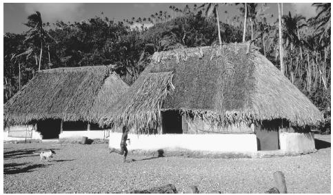 A boy and his dog run past thatch roof huts on Futuna Island, Wallis and Futuna. These huts follow the general style of Futuna homes.