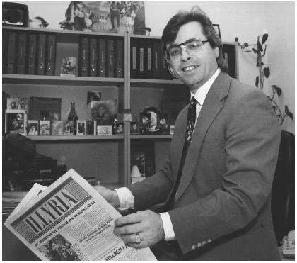 Harry Bajraktari poses in his Bronx, New York, office. He was the  publisher of Illyria, an Albanian/ English newpaper