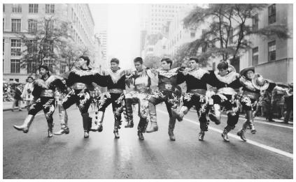 Chilean American performers dance along New York City's Fifth Avenue during the 1992 Hispanic Columbus Day Parade.