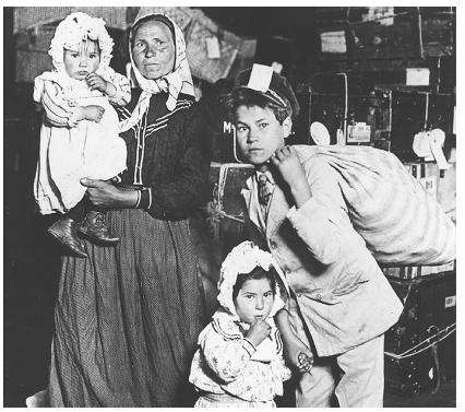 An Italian immigrant family arrives at Ellis Island, New York.