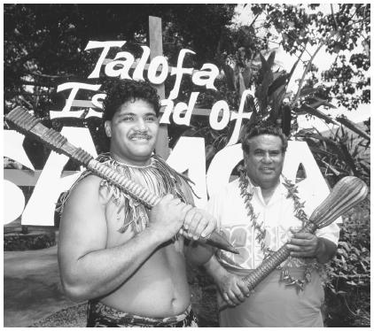 These Samoan American men are gathered at the Polynesian Cultural Center in 