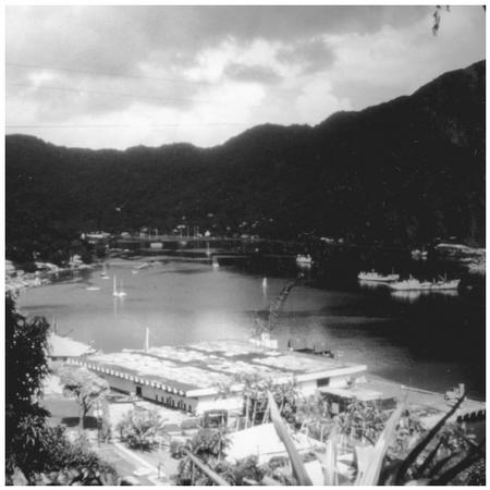 A panoramic view of Pago Pago Bay, a central point for commercial shipping in American Samoa.