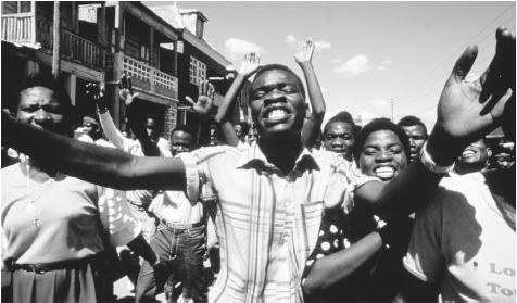 Haitians in Gonaïves celebrate the deposition of President Jean-Claude Duvalier in February, 1986.