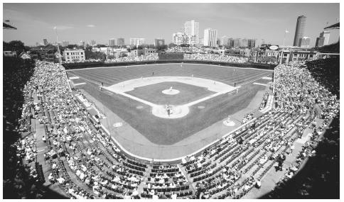 Overview of a summertime baseball game between the Chicago Cubs and the Colorado Rockies at Chicago's Wrigley Field. Baseball is often referred to as the "national pastime."
