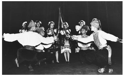 These young dancers from the United Ukranian organization are performing the Zaporozhian Knight's Battle at the 1946 National Folk Festival in Cleveland, Ohio.